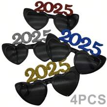 4 件 2025 年新年晚会眼镜 - 心形塑料眼镜，带有闪亮细节，无需电力，节日照相亭道具，用于庆祝和装饰 - 彩色 - 查看 1