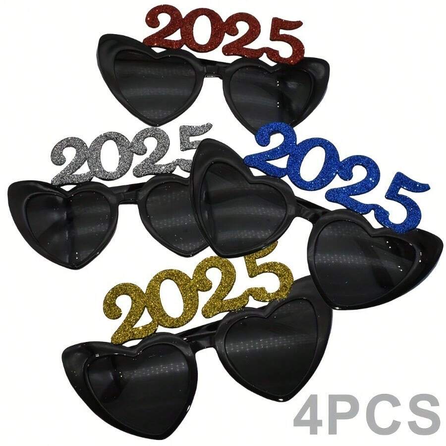 4 件 2025 年新年晚会眼镜 - 心形塑料眼镜，带有闪亮细节，无需电力，节日照相亭道具，用于庆祝和装饰 - 彩色 - 查看 1