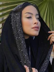 1件 简约缎面天鹅绒纯黑色奢华水钻串珠穆斯林头巾 - 彩色 - 查看 1