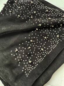 1件 简约缎面天鹅绒纯黑色奢华水钻串珠穆斯林头巾 - 彩色 - 查看 3