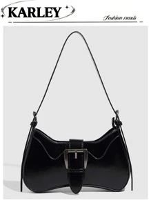 Retro Fashion Baguette Bag, Simple Ladies Shoulder Bag, Black Chic Large Lock Underarm Bag, Niche Design Sexy Shoulder Crossbody Bag - Black - View 1