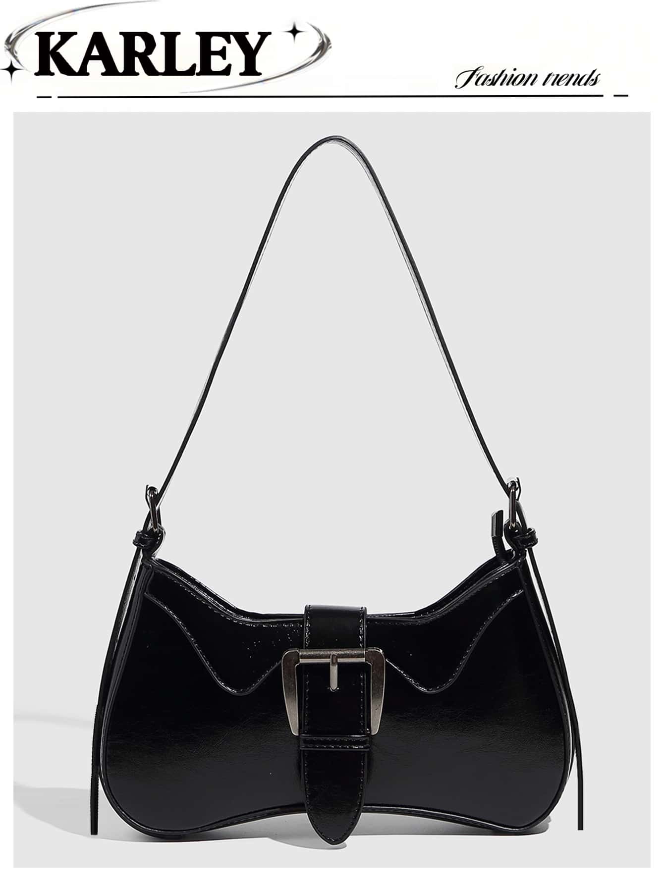 Retro Fashion Baguette Bag, Simple Ladies Shoulder Bag, Black Chic Large Lock Underarm Bag, Niche Design Sexy Shoulder Crossbody Bag - Black - View 1