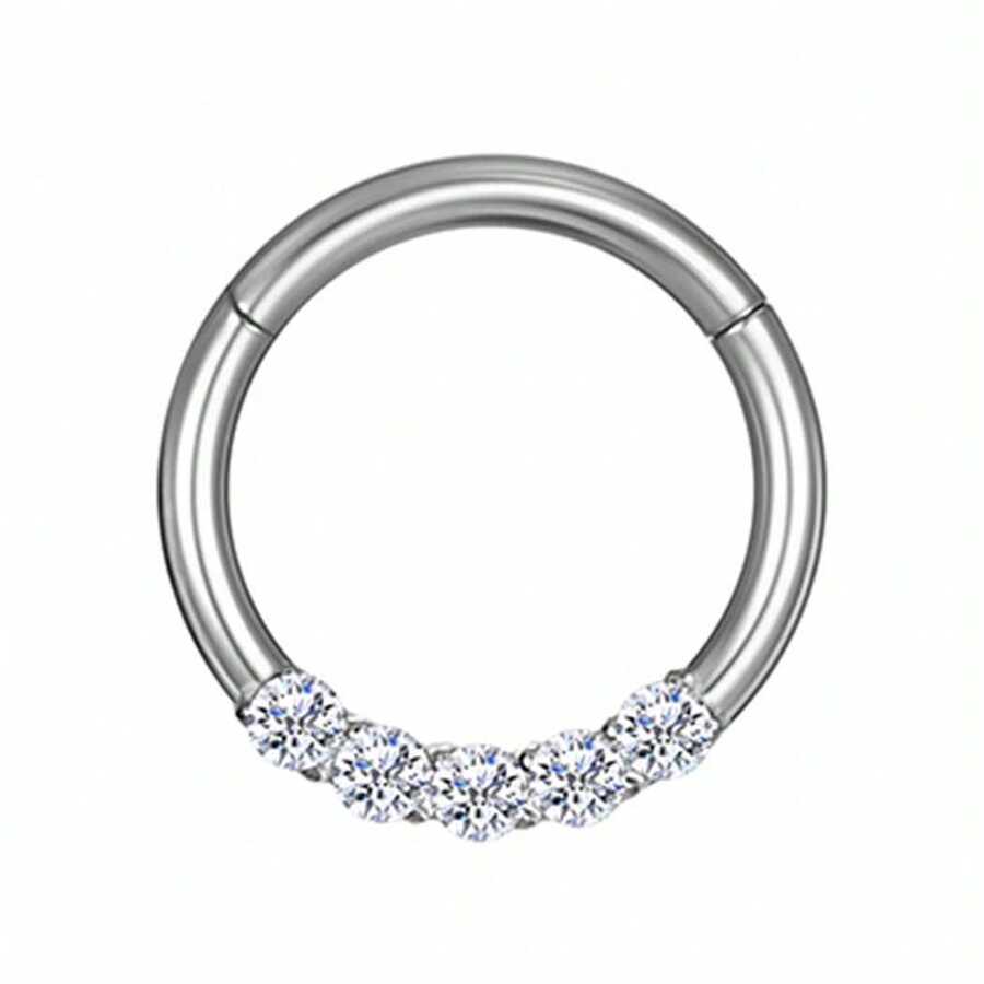 PIERCING RING TITANIUM PVD ARTICULATED SEGMENT 5 ZIRCONIA STONES 1.2X8 - 銀色 - 查看 1
