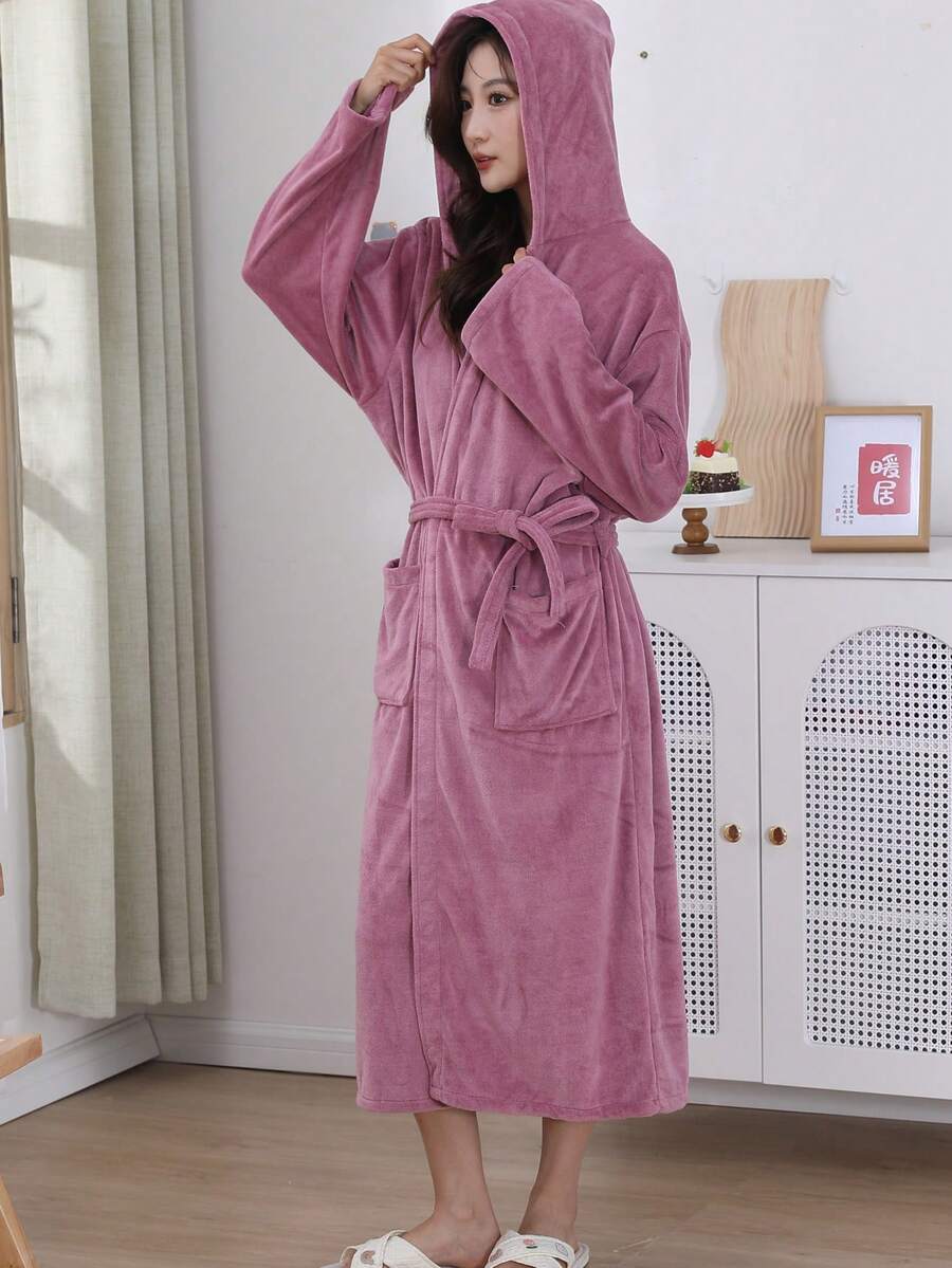 1 chiếc áo choàng dài tay có mũ trùm đầu màu trơn cho nữ có túi buộc eo dày dặn - Hồng - Xem 1
