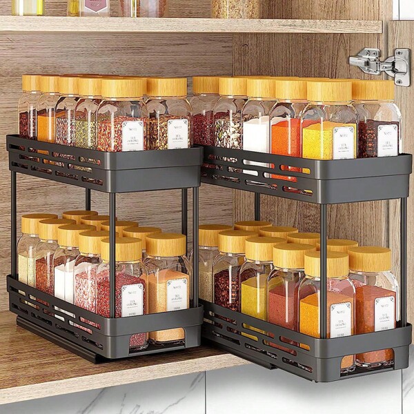 WORTHBUY قطعة واحدة رف تخزين بلاستيكي متعدد الاستخدامات من طبقتين، خزانة ذات سعة كبيرة ذات طبقتين، أرفف تخزين من النوع القابل للسحب لتخزين علب التوابل والبهارات، مناسب للخزائن والمطابخ والمطاعم والحمامات، حامل تخزين موفر للمساحة