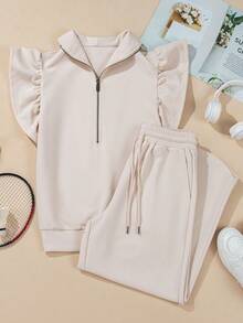 Acelitt Summer Solid Color Knit Textured Ruffle Sleeve Zipper Top And Wide Leg Pants Set, Casual Homewear And Outdoor Matching Sets - Apricot - View 4