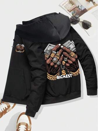 男士秋冬新款时尚夹克外套，图案印花，休闲运动拉链长袖夹克