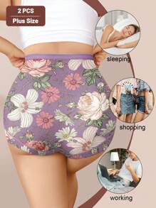 MIOTAN 2 paquetes de bragas de cintura alta talla grande para mujer, bragas suaves y cómodas de uso diario con diseño de estampado floral