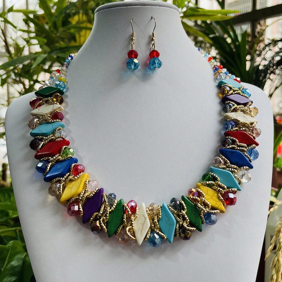 قطعة واحدة قلادة أنيقة للنساء مزينة بالبلورات والفيروز مع أقراط بلورية متدلية 2 قطعة