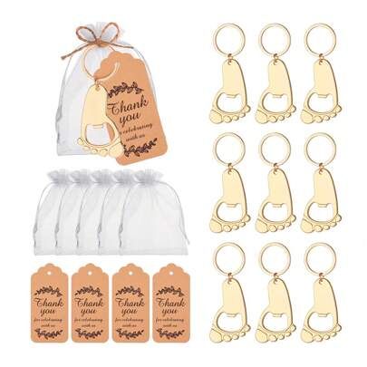 10 conjuntos de abridores de garrafas KC Golden Footprint, lembrancinhas de chá de bebê para convidados com chaveiro e saquinhos de organza, para atividades ao ar livre, camping, presente para o pai