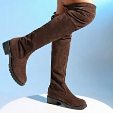 Damen Mode Kaffeebraune Absatz Stiefel, Neue Herbst/Winter Wildleder Overknee Stiefel, minimalistisches Design mit dicker Sohle und niedrigem Absatz, warmes Schuhwerk