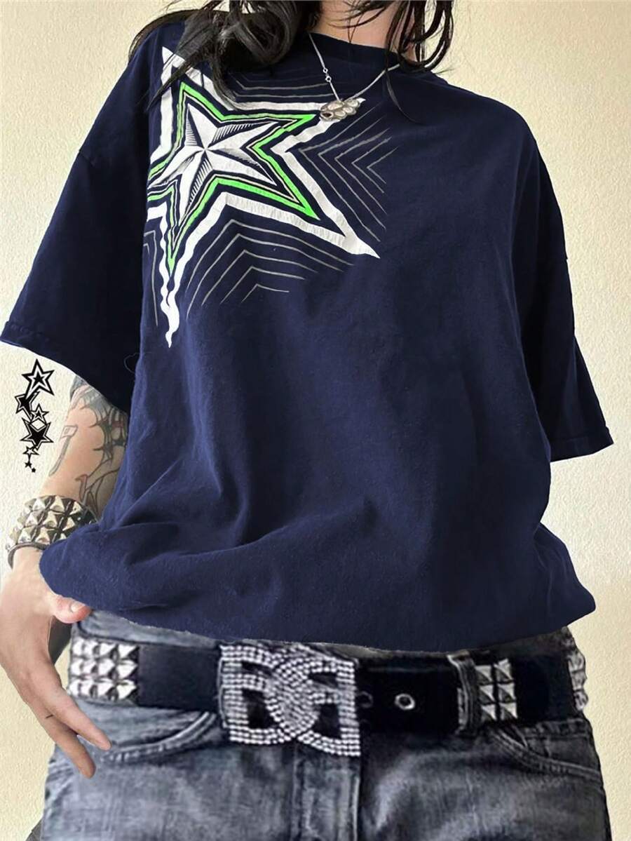 Star Print Y2K Casual Street Style Round Neck Short Sleeve T-Shirt - Navy Blue - View 1