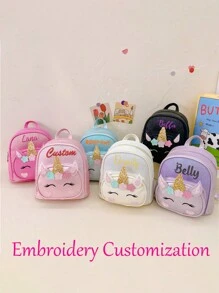 定制亮片刺绣独角兽背包，卡通可爱儿童书包，防水 PU 材料轻便背包，户外旅行拉链包，适合作为儿童礼物女士包 - 玫紅色 - 查看 2