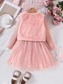 2 件套年轻女孩毛绒背心和长袖针织网眼连衣裙时尚服装，秋冬