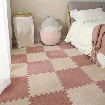 24 块双色毛绒拼图地毯，柔软隔音抗疲劳地垫，适用于卧室、客厅和游戏室，易于组装，耐用的多功能家居装饰