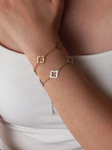 1pc Minimalist Elegant 18K Gold Plated Stainless Steel Hollow Four-Leaf Clover Shaped Chain Bracelet, Suitable For Women's Daily Or Date Wear, Or As Festival Gift