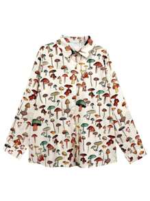 Nova blusa feminina plus size com estampa de cogumelo e manga comprida