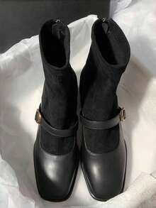 Giày bốt cổ thấp kiểu Mary Jane đơn giản dành cho nữ cỡ lớn, có khóa cài, khóa kéo phía sau, gót dày, chất liệu co giãn. - màu đen - Xem 3