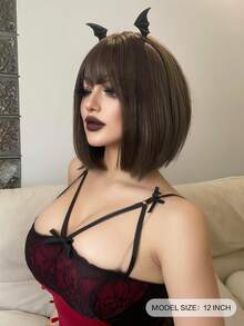 1 Mảnh Tóc Giả Tổng Hợp Chịu Nhiệt Thẳng Có Mái Màu Nâu Đậm 12 Inch Dệt Máy Hoàn Toàn Tự Nhiên Hàng Ngày Tóc Giả Thực Tế - màu nâu - Xem 3