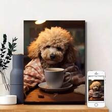 1pc Wooden Indoor,Charming Dog With Coffee Canvas Wall Art - Easy-Hang Framed Decor For Bedroom & Living Room, Unique Animal Poster Gift Idea