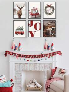 6 件套艺术装饰现代帆布墙面艺术印刷品 - 时尚主题无框海报，适用于家庭办公室、客厅、卧室装饰 - 圣诞老人、礼物、驯鹿、节日欢乐 - 肖像帆布上的高清墨水 - 室内节日庆祝墙面装饰无框 - 多色 - 查看 2
