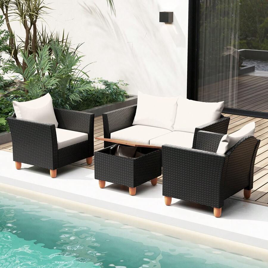 Stylish 4 Piece Outdoor Furniture Set With Comfortable Cushions, Wood