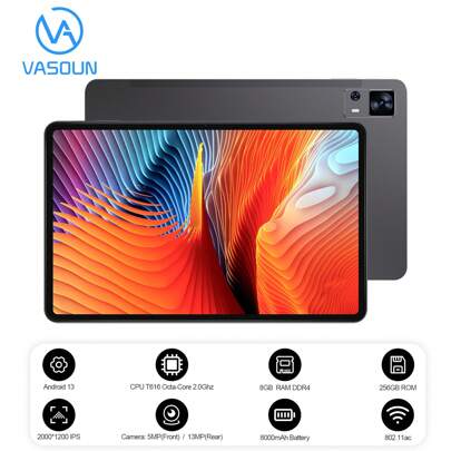 VASOUN L10 Pro 12 英寸 Android 13 平板电脑（Unisoc T616 8 核 2.0GHz/8GB RAM/256GB ROM）/2000*1200 IPS/4G 双 SIM LTE/5G WIFI 802.11ac/BT 5.0/8000mAh/Type-C/5MP+13MP 摄像头/免费皮套（无适配器）