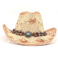 Cowboy Hat Creative Curled Straw Hollow Design  Beads Chain Decoration Shade Straw Hat - Beige - Ver 1