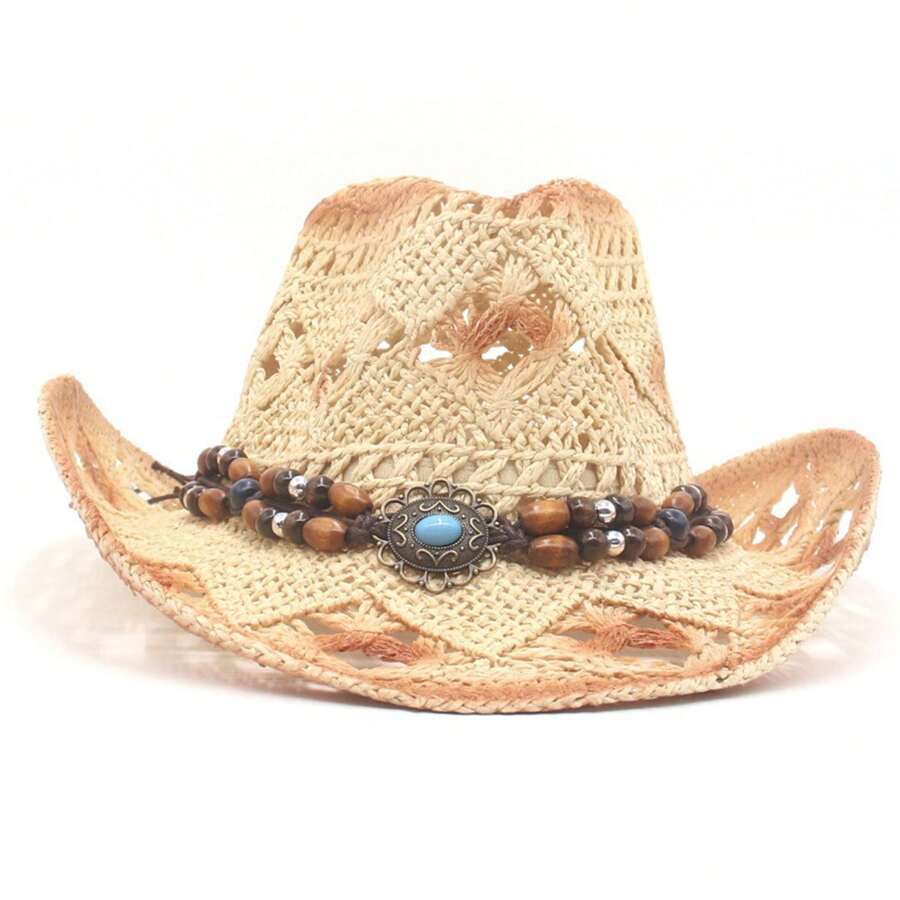 Cowboy Hat Creative Curled Straw Hollow Design Beads Chain Decoration Shade Straw Hat - Beige - Ver 1