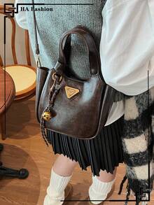 1 件复古巧克力色手提包，时尚水桶包配铃铛吊饰单肩包 - 咖啡棕 - 查看 11