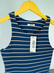 Cropped Tank Top With Double Chest Revel In Cotton Rib Knit - Sọc xanh hải quân - Xem 2