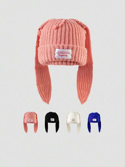 1pc/2pcs Women Adult Fashion Unique Knit Hat, New Ladies Double Layer Thick Cute Rabbit Ear Beanie With Fabric Label (Random Color Block)