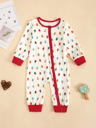 女婴/男婴长袖串灯印花休闲连体衣，可爱迷人，送给宝宝的最佳礼物