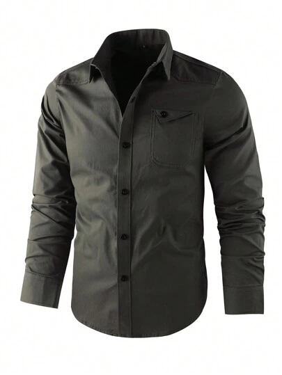 Fashionable Men's New Cargo Chest Pocket Long-Sleeved Solid Shirt Suitable For Spring Autumn Casual Outdoor Activities