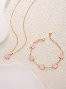 2pcs/Set, 1pc Pendant Necklace + 1pc Bracelet, Fashionable Luxury Personalized Minimalist Gold Star Flower Oval Jewelry Set, Suitable As Girlfriend, Wedding, Graduation, Date Gift - Pink - View 10