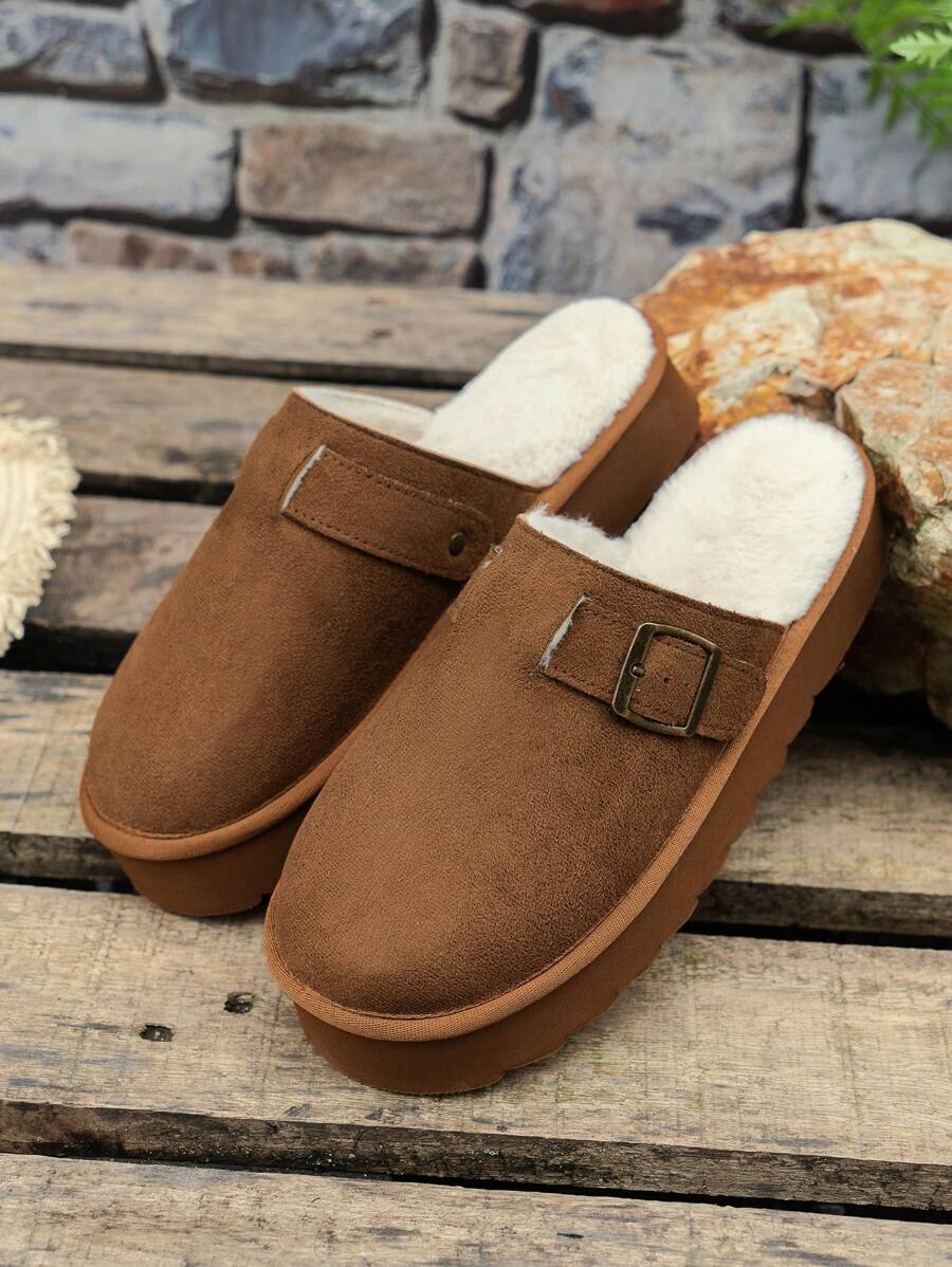 软底一脚蹬拖鞋，设计感十足，保暖内衬，圆头，厚底，保暖人造毛皮，室内/室外休闲复古风格，适合青少年、学生、办公室职员，秋冬季