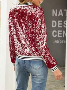 Womens Sequin Long Sleeve Front Zip Jacket With Ribbed Cuffs Sparkly Sequin Bomber Jacket Coat - Red - View 4
