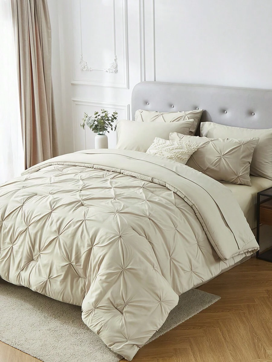 5Pcs/7-Pcs Queen Pinched Pleat Bed Comforter Sets Queen - Luxurious, Soft, Breathable, Hypoallergenic, And Cooling Summer Bedding For All Seasons With Sheets, Pinched Pleat Design, And Bed-In-A-Bag Convenience - Easy Care, Machine Washable, And Durable, Ideal Gift - 卡其色 - 查看 1