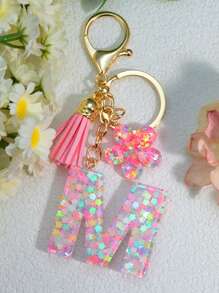 1 件粉色亮片字母钥匙扣、树脂钥匙扣吊坠、个性化背包装饰、花卉流苏礼物情人节汽车配件包魅力学院可爱哥特 Y2k