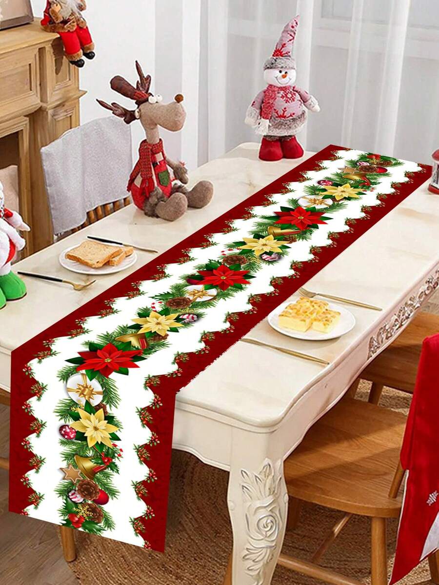 1 件圣诞桌旗，红色花朵圣诞老人圣诞树雪人图案桌布，涤纶桌旗，桌布是家庭圣诞派对房间餐桌家居装饰的完美装饰，2025 新年装饰用品，圣诞节装饰，圣诞饰品，圣诞装饰 - 紅花金花鬆葉 - 查看 1