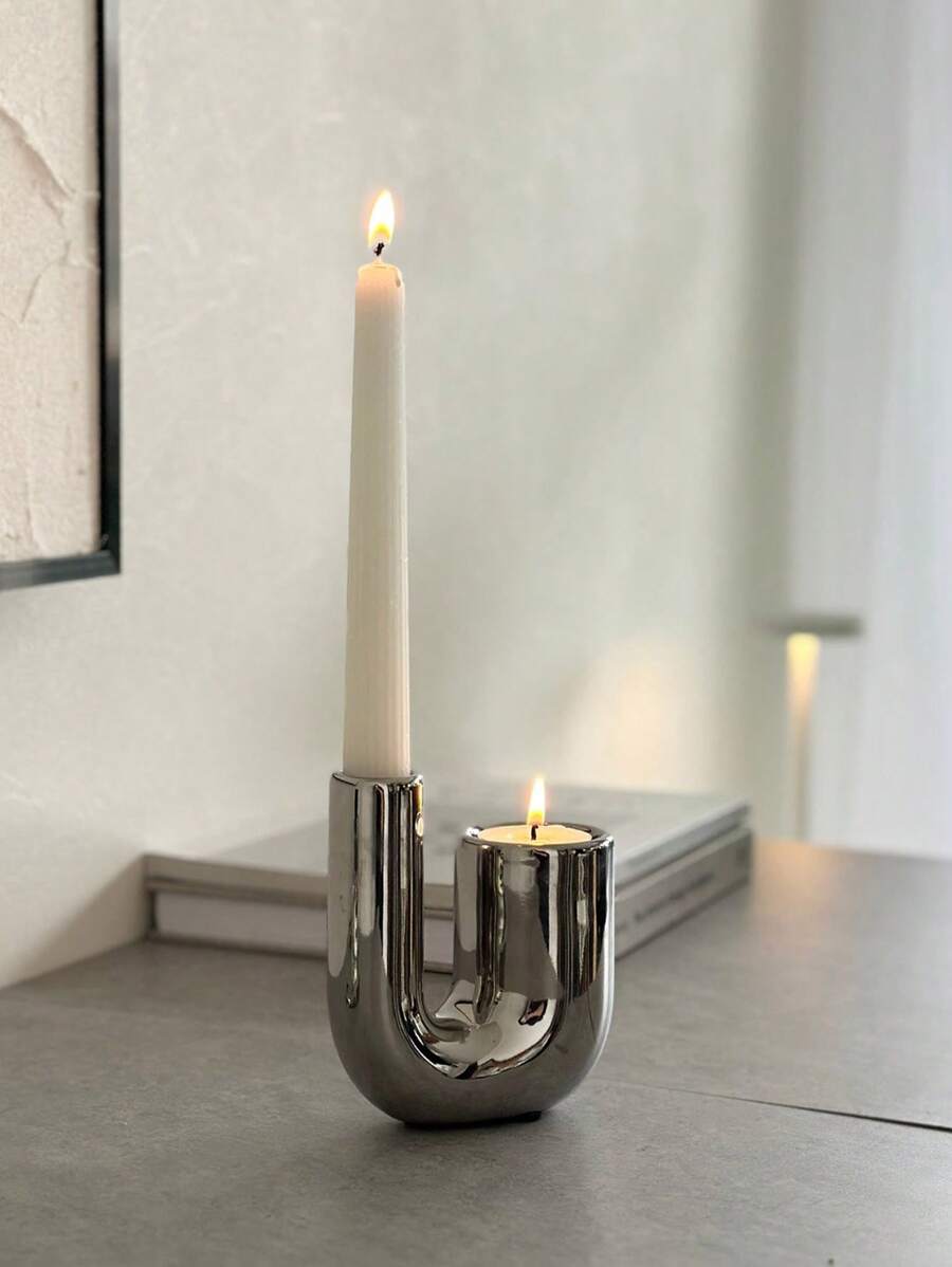Luxury Silver Ceramic Candle Holder Decor, Ins Style Candlelight Dinner Props Candle Stand Home Tabletop Decoration