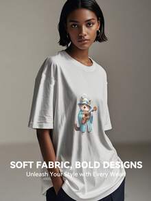 Women's Print Short Sleeve T-Shirt, Black & White Shirt, 180gsm Shirt, Crew Neck Short Sleeve T-Shirt, Breathable & Comfortable Casual Sports Fitness Tee, Casual Vintage Style, Suitable For Summer, Beach Holiday Crew Neck Short Sleeve Casual T-Shirt, Summer Tee