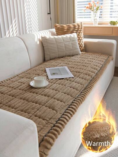 1pc Quilted Plush Sofa Cover, Solid Color Nordic Style Thick 3D Design Sofa Slipcover, Winter Warm Furniture Protector, Anti-Slip Anti-Scratch, For Living Room Bedroom Study, Fits 1/2/3/4 Seater Sofa With Armrest Backrest