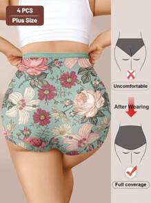MIOTAN 4 paquetes de bragas de talle alto para mujeres de tallas grandes, bragas cómodas y suaves de uso diario con diseño de estampado floral