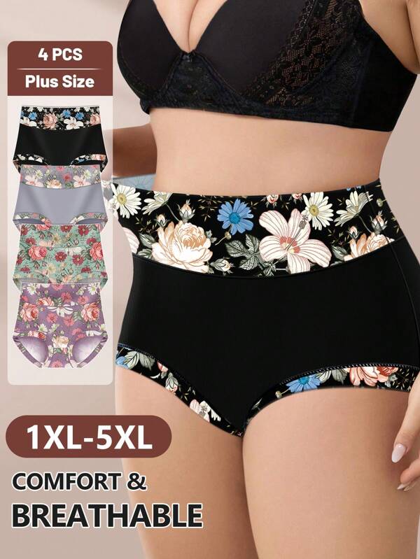 MIOTAN 4 Packs Plus Size High Waist Briefs For Women, Soft & Comfortable Everyday Panties With Floral Print Design