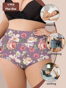 MIOTAN 4 paquetes de bragas de talle alto para mujeres de tallas grandes, bragas cómodas y suaves de uso diario con diseño de estampado floral