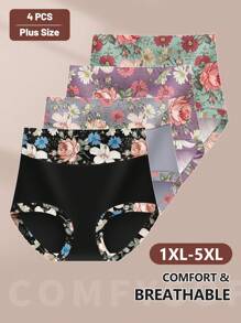 MIOTAN 4 paquetes de bragas de talle alto para mujeres de tallas grandes, bragas cómodas y suaves de uso diario con diseño de estampado floral