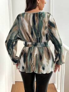 Women's Knitted Tie Dye Watercolor Gradient Color Cross V-Neck Cinched Waist Waist Flared Blouse - Green - View 2