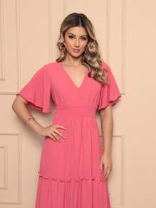 Plain V-Neck Dress, Short Sleeves, Loose/Maternity - 珊瑚粉 - 查看 5