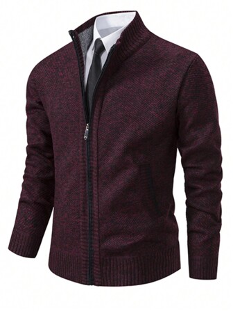 Men's Knit Zipper Neck Long Sleeve Thermal Lined Sweatshirt Jacket, Warm For Winter